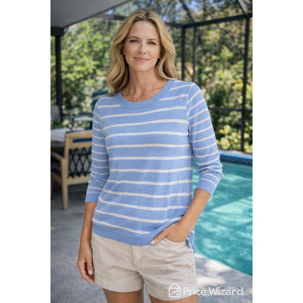J. Crew Factory Blue White Stripe Knit Top Women's Small 3/4 Sleeve Lightweight